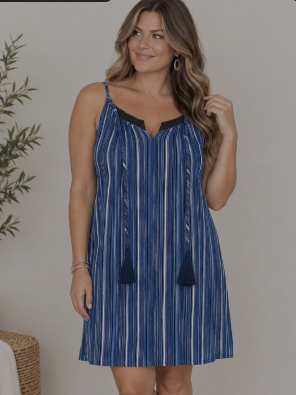 Chico's Blue Multi-Striped Sleeveless Sundress With Fun Tassels